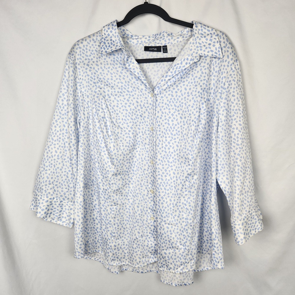 Apt 9 Button Down Blouse Plus Sz 2X Blue White Geometric 3/4 Sleeve Animal Print
